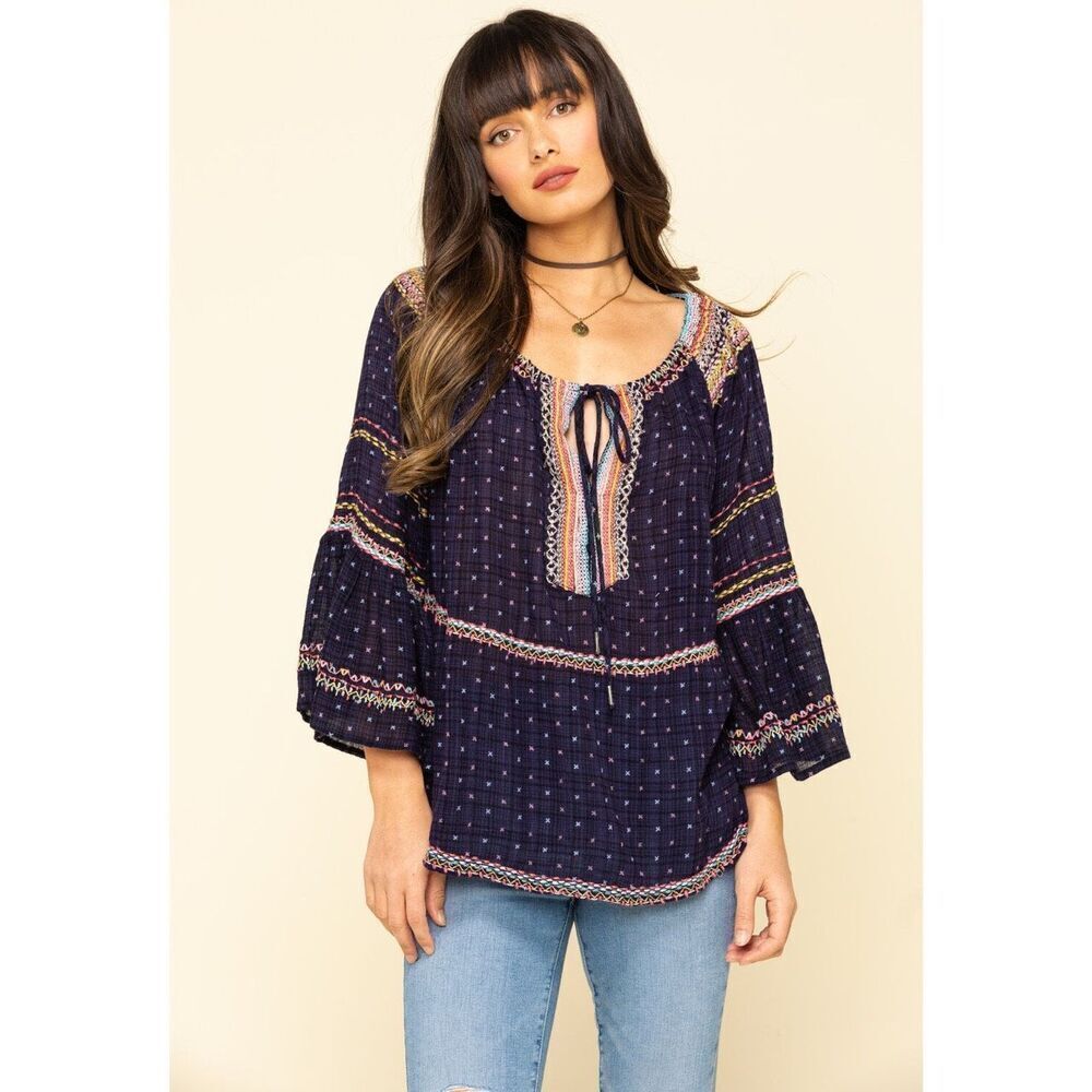 Free People Talia Blue Embroidered Blouse Size XS
